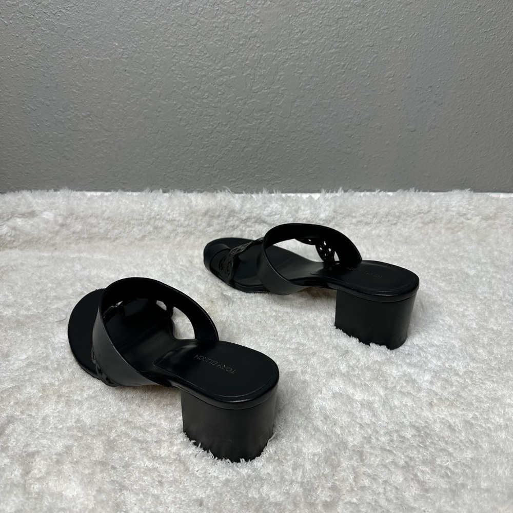 Tory Burch Tiny Miller Black Leather Toe Ring Block Heel Sandals Size 9M women’s - Picture 7 of 7